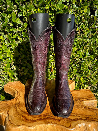 Lucchese Black Cherry Kents Hand Tooled Cowboy Boots size 7.5 D