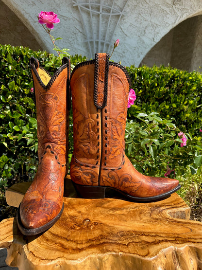 FALCONHEAD/TRES OUTLAWS CUSTOM HAND TOOLED COWBOY BOOTS SIZE 13.5 D