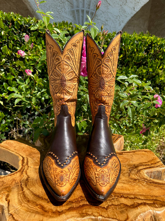 Stallion Custom Hand Tooled SUN FLOWER COWBOY BOOTS SIZE 11 D