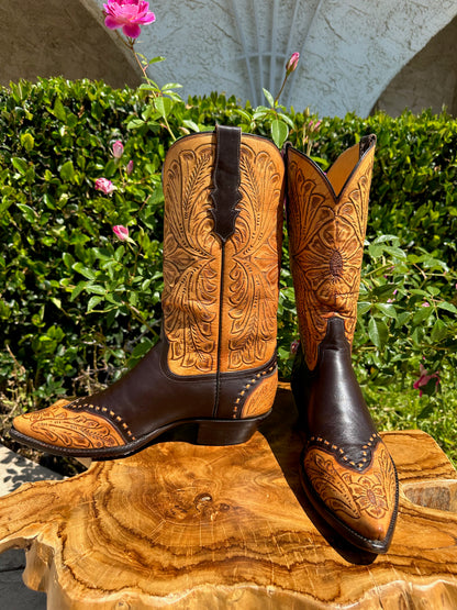 Stallion Custom Hand Tooled SUN FLOWER COWBOY BOOTS SIZE 11 D