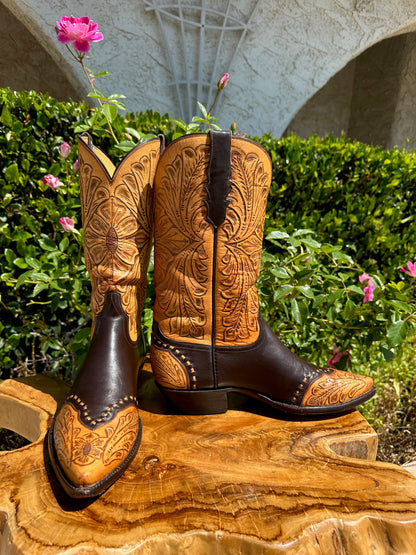 Stallion Custom Hand Tooled SUN FLOWER COWBOY BOOTS SIZE 11 D